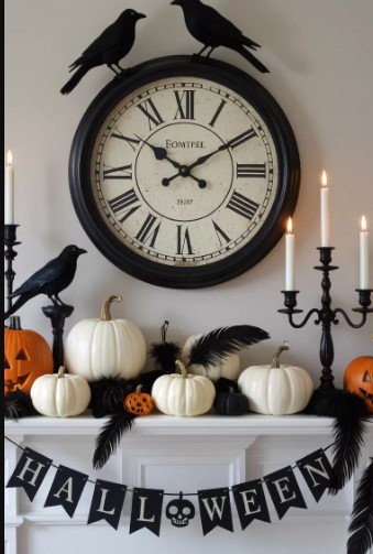 Festive Mantel with Clock and Banner