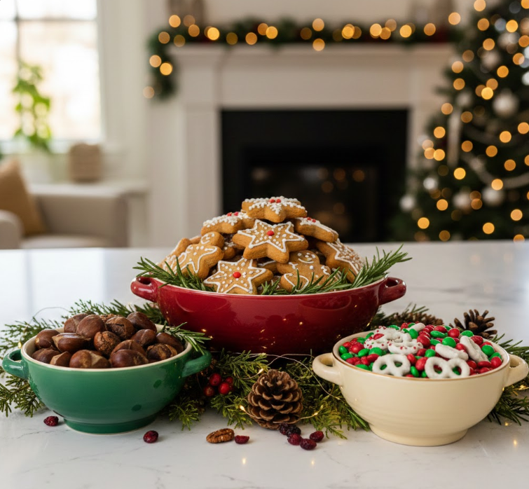 Festive Serving Bowls Filled With Holiday Treats