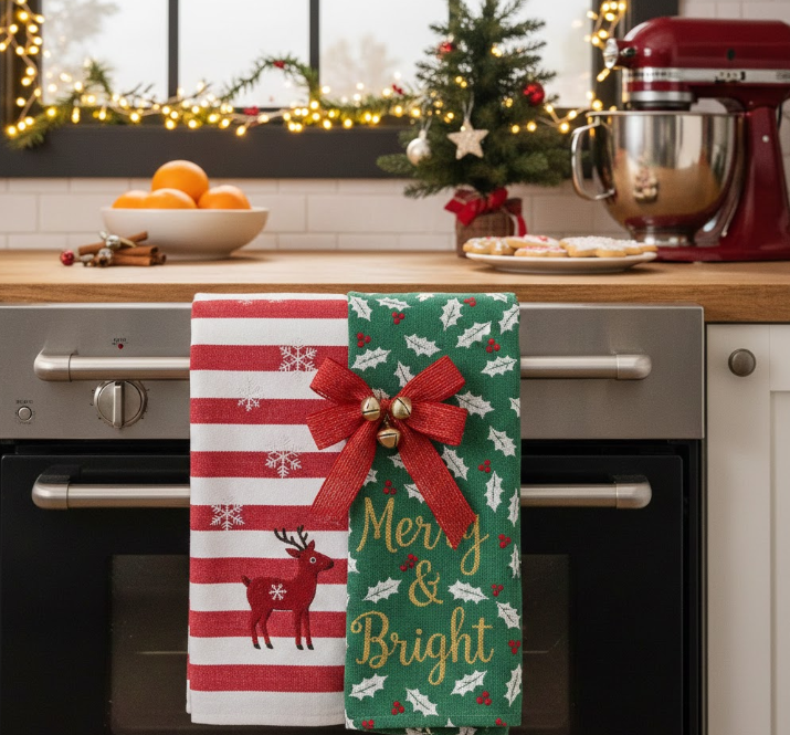  Festive Tea Towels on Oven Handles