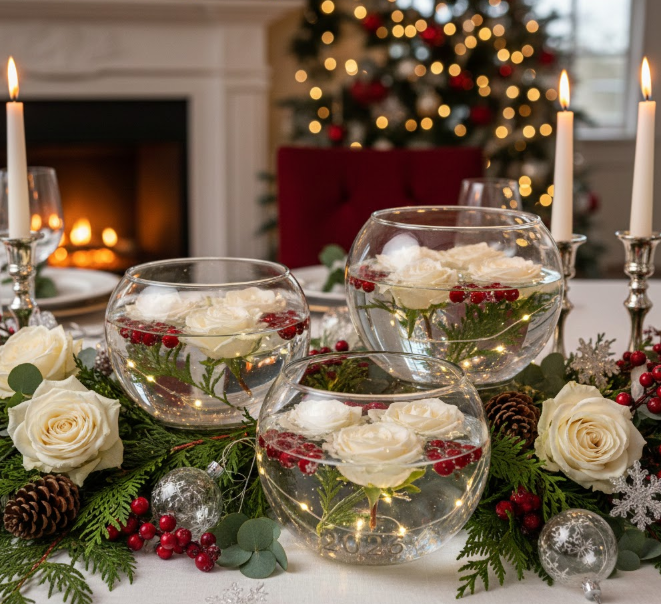 Floating Flowers in Glass Bowls With White Roses and Berries