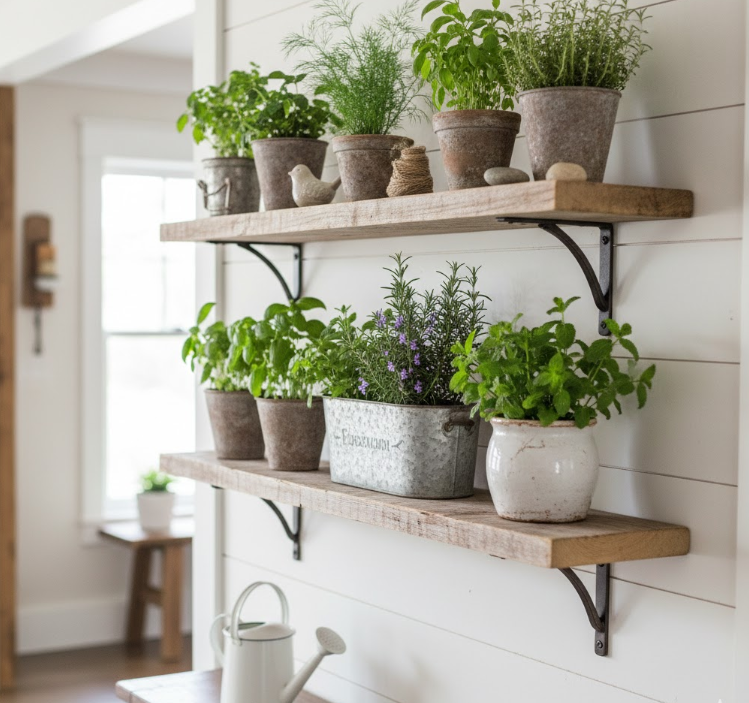 Floating Wood Shelves with Potted Herbs