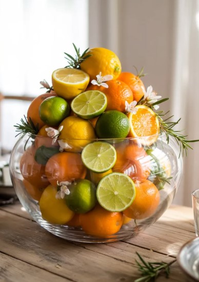 Fresh Citrus Display in Clear Glass Bowls