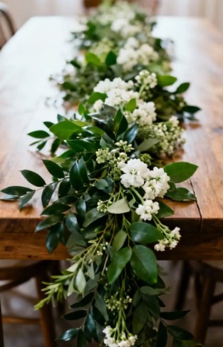 Fresh Greenery Runner with White Flowers