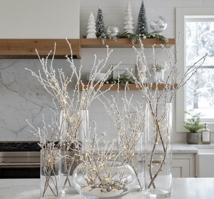 Frosted Branch Arrangements in Clear Vases