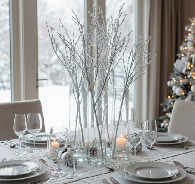  Frosted White Branches in Tall Clear Vases