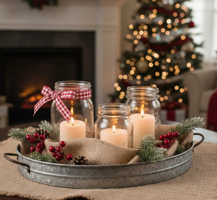 Galvanized Tray With Burlap, Berries, and Mason Jar Candles