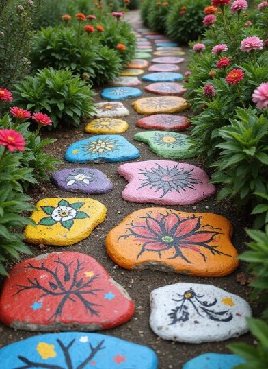 Garden Path Markers with Colorful Stones