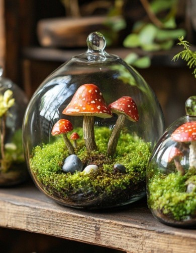 Glass Bell Jars with Moss and Mushrooms