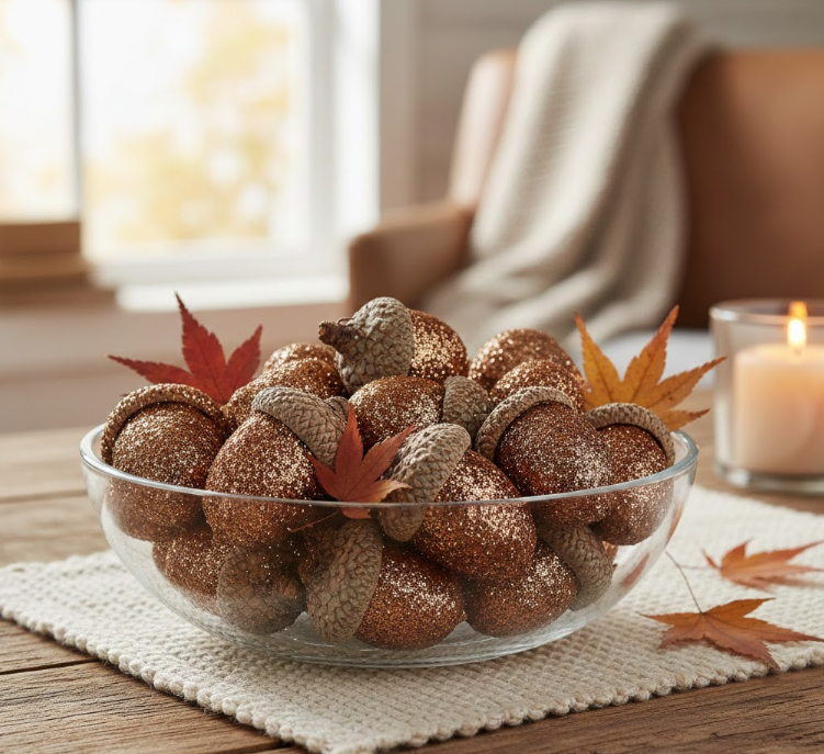 Glitter Acorns in a Bowl