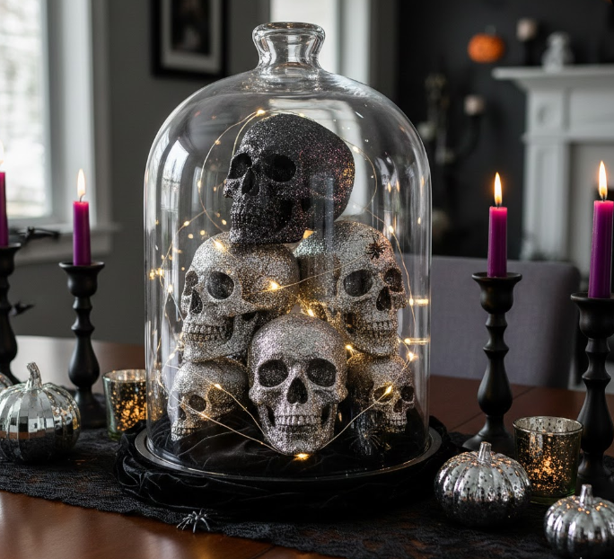 Glitzy Skulls Under Glass