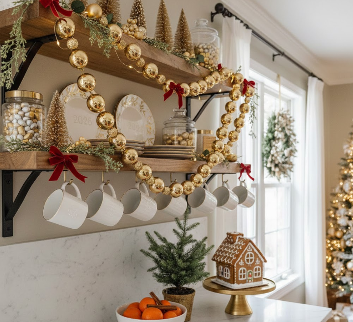  Gold Beaded Garland on Open Shelves