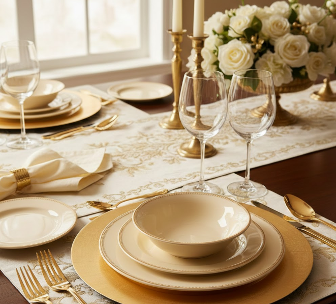 Gold Charger Plates With Cream-Colored Dinnerware
