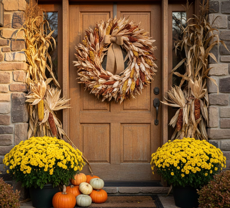 Golden Mum and Corn Husk Display