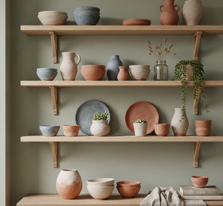 Handmade Clay Pottery on Open Shelves