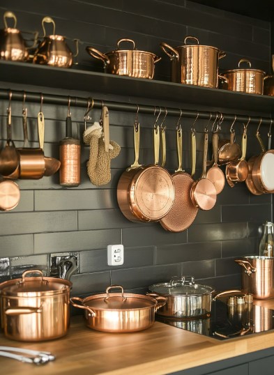 Hanging Copper Cookware as Functional Decor