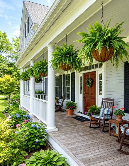 Hanging Ferns in Wicker Baskets