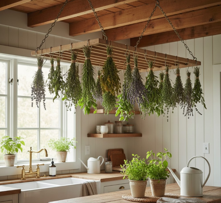 Hanging Herb Drying Racks in the Kitchen