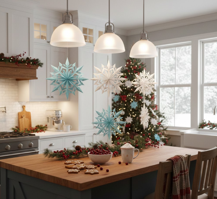 Hanging Paper Snowflakes from Pendant Lights