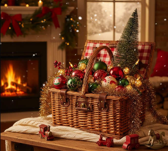 Holiday Vignettes with Vintage Picnic Baskets