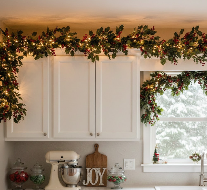  Holly and Berry Garland on Upper Cabinets