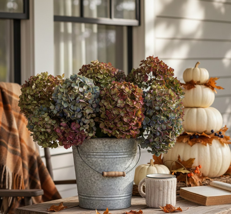 Hydrangeas in a Galvanized Bucket