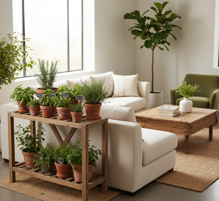 Indoor Herb Garden Near Seating