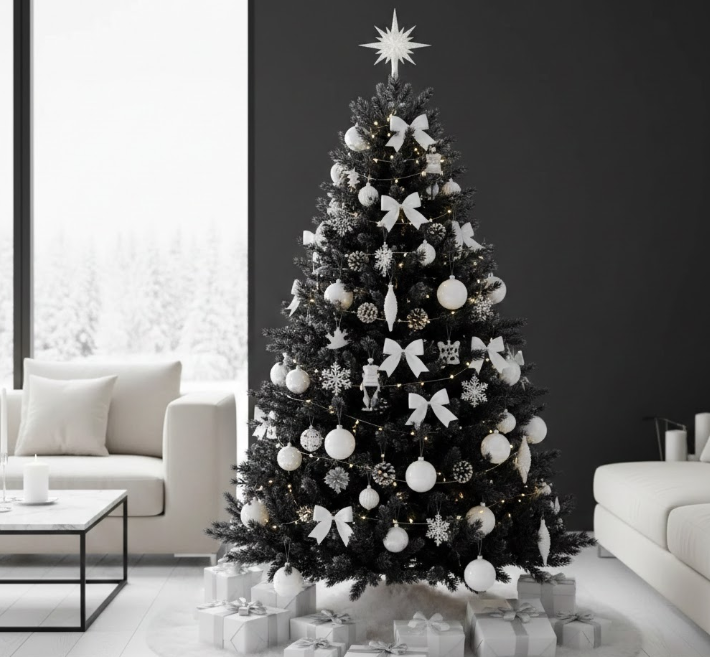 Jet Black Christmas Tree with White Accents