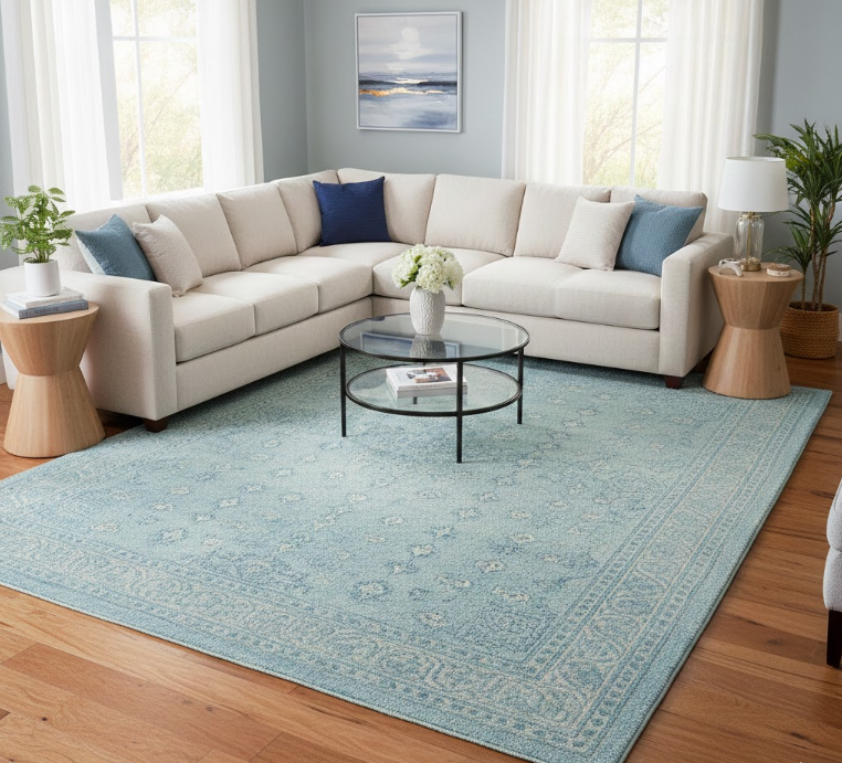 Light Blue Area Rug on Hardwood Floors