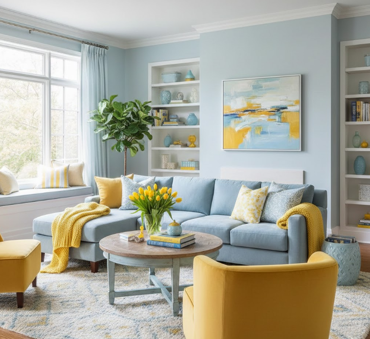 Light Blue Living Room with Yellow Accents