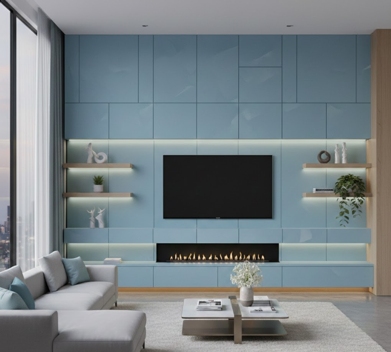 Light Blue Media Wall for a Contemporary Look