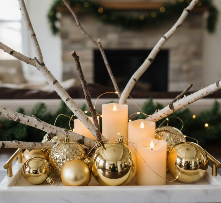 Marble Tray With Gold Ornaments, Birch Branches, and LED Candles