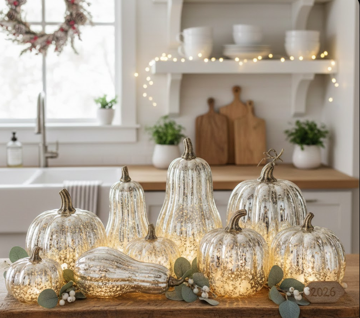 Mercury Glass Pumpkin and Gourd Displays