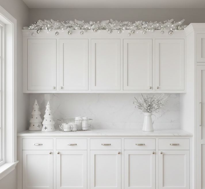 Minimalist White and Silver Garland on Cabinets