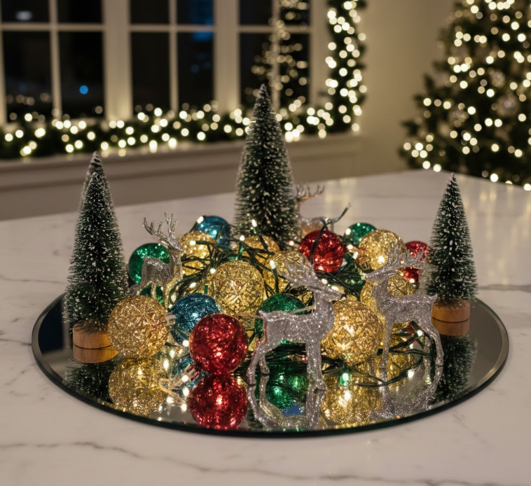 Mirrored Trays Reflecting Holiday Lights