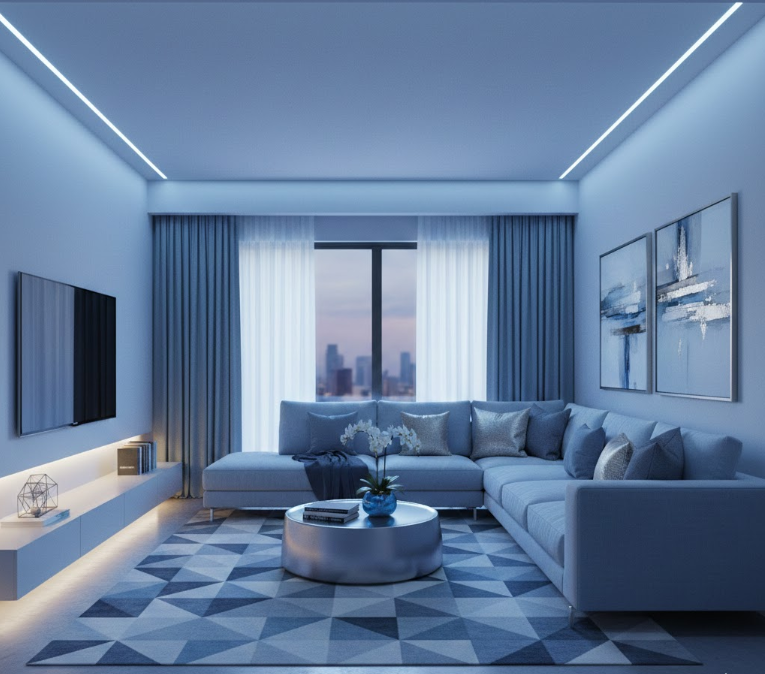 Modern Living Room with Light Blue LED Lighting