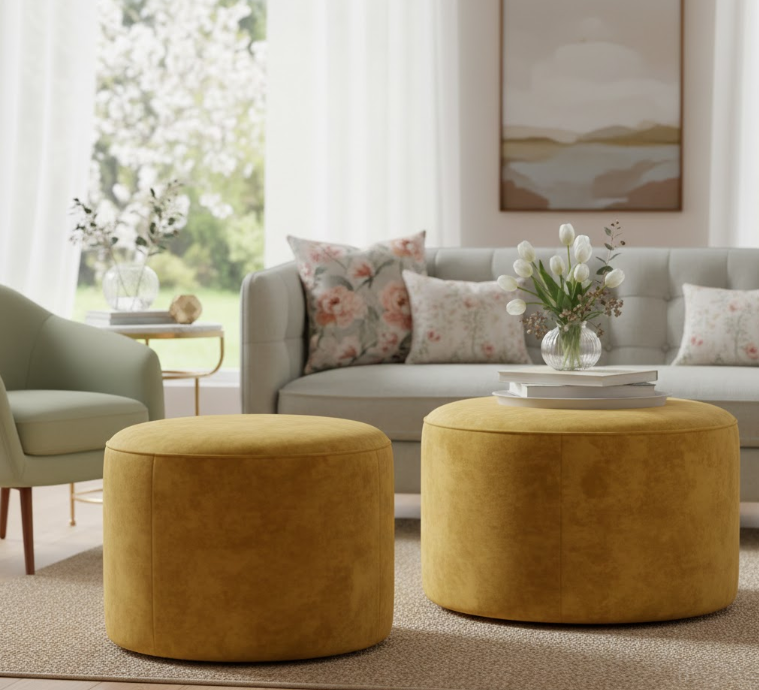  Mustard Yellow Velvet Ottomans