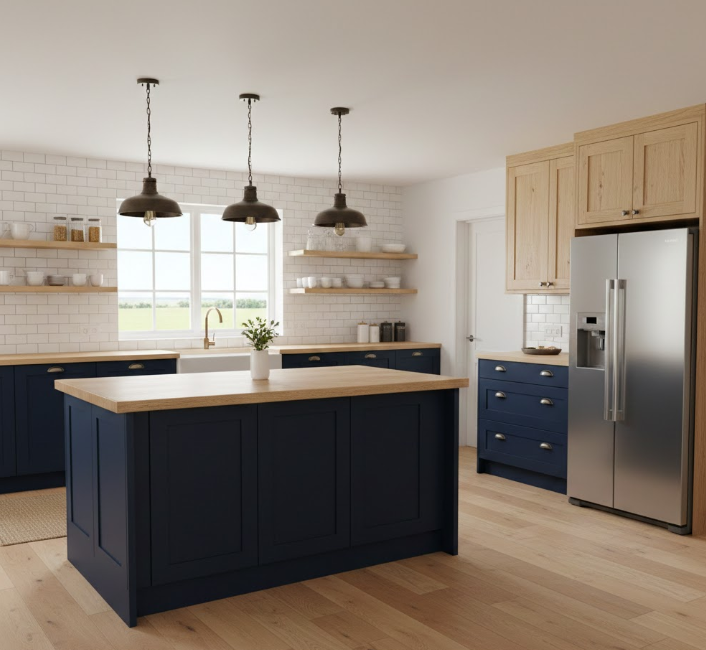 Navy Blue and Natural Wood