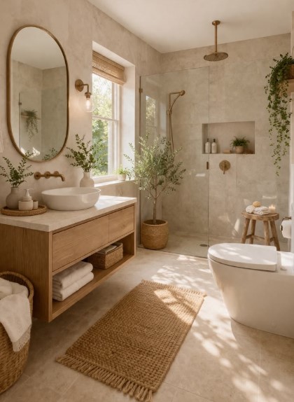 Neutral Bathroom with Gentle Pattern Play