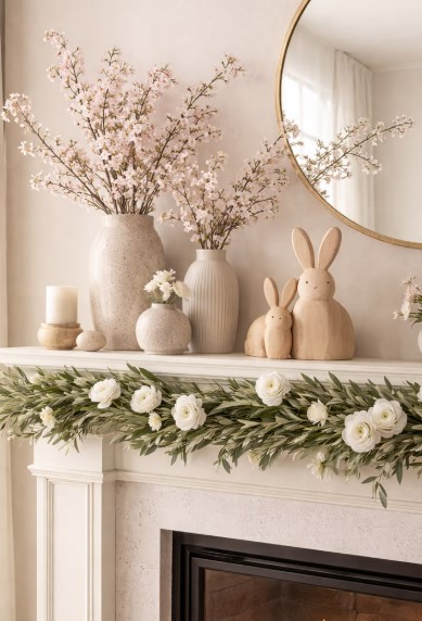Neutral Spring Mantel Decor