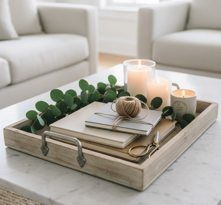 Notebooks, Eucalyptus, Twine, and Candles