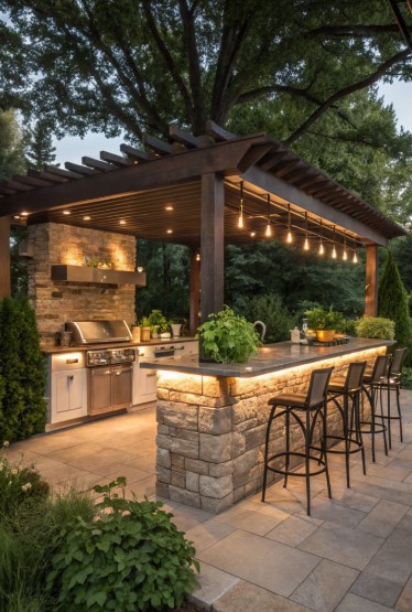 Outdoor Kitchen with Bar Seating
