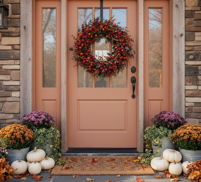 Peach Door with Berry Wreath