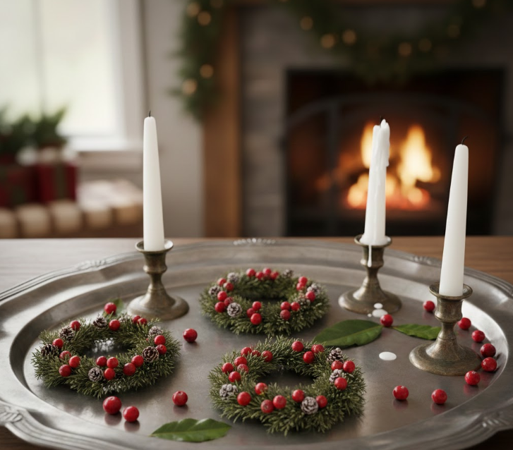 Pewter Serving Tray With Mini Wreaths, Cranberries, and White Tapers