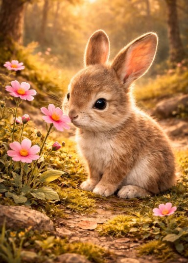 Pink Bunny and Wildflowers