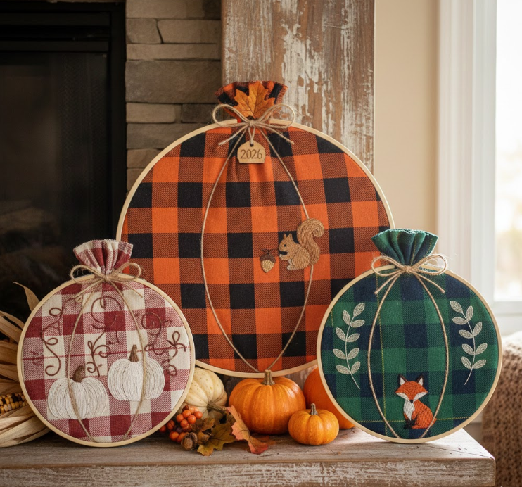 Plaid Embroidery Hoop Pumpkins