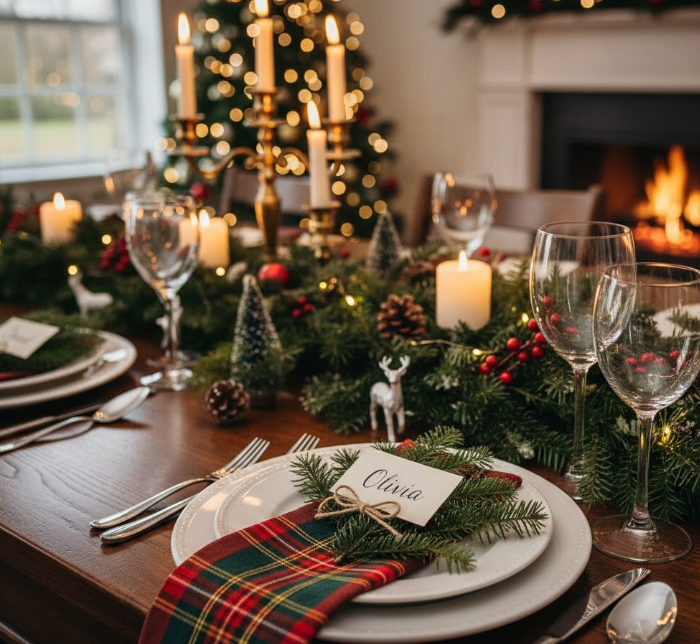 Christmas Dining Table Decor Ideas 2026Plaid Napkins With Greenery Name Holders