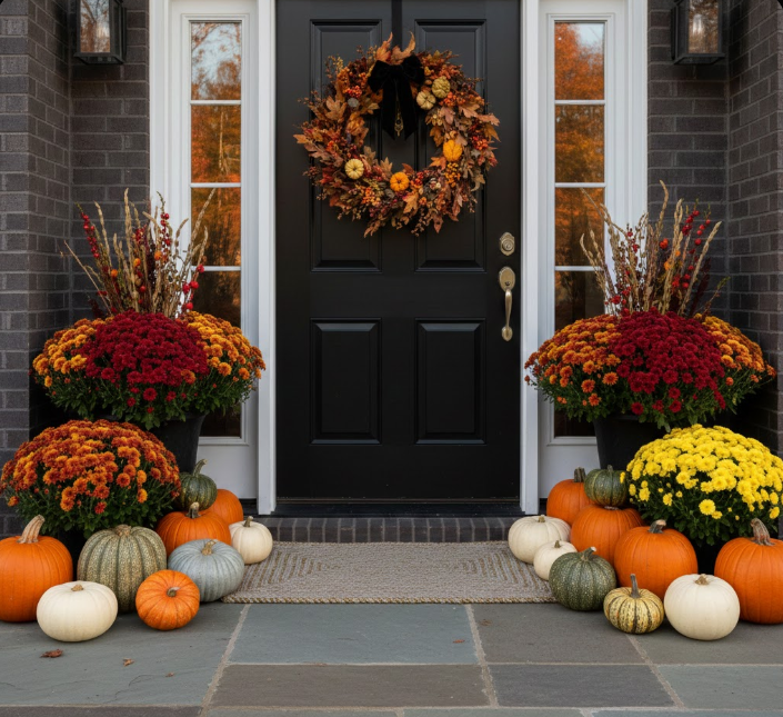 Posh Black Door with Mums and Pumpkins