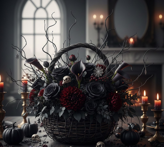 Pumpkin Basket of Dark Blooms