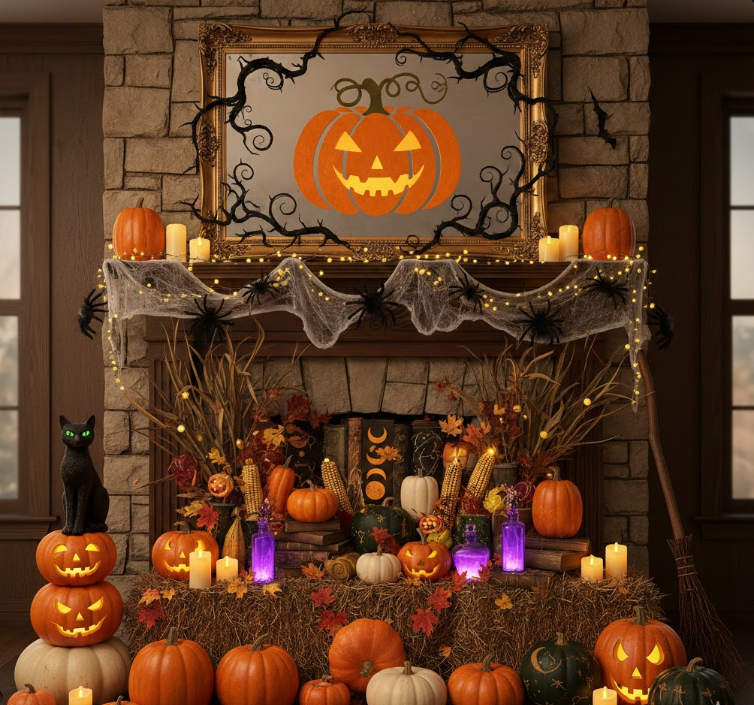 Pumpkin Mirror and Overflowing Fireplace