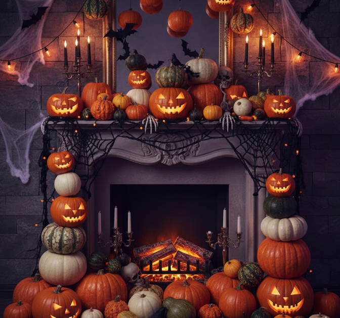 Pumpkin Overload on the Fireplace